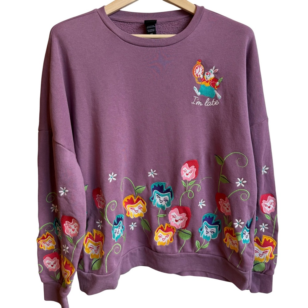 Disney Alice in Wonderland Sweatshirt Women's L Purple Embroidered White Rabbit